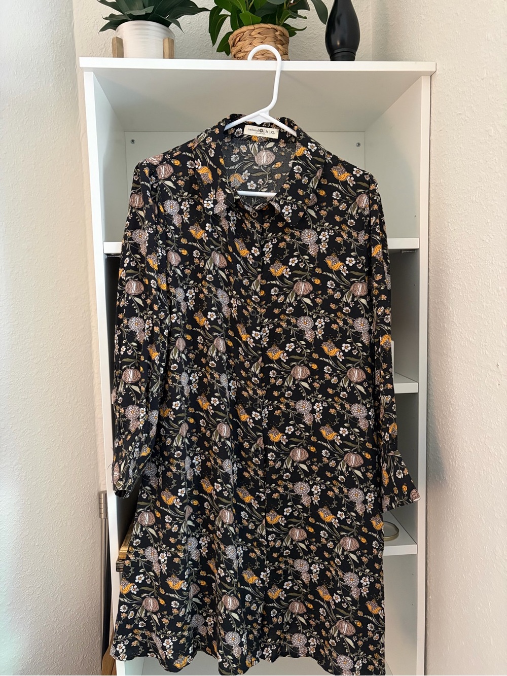 NATURAL LIFE Black Floral Button-Front A-Line Dress Size XL